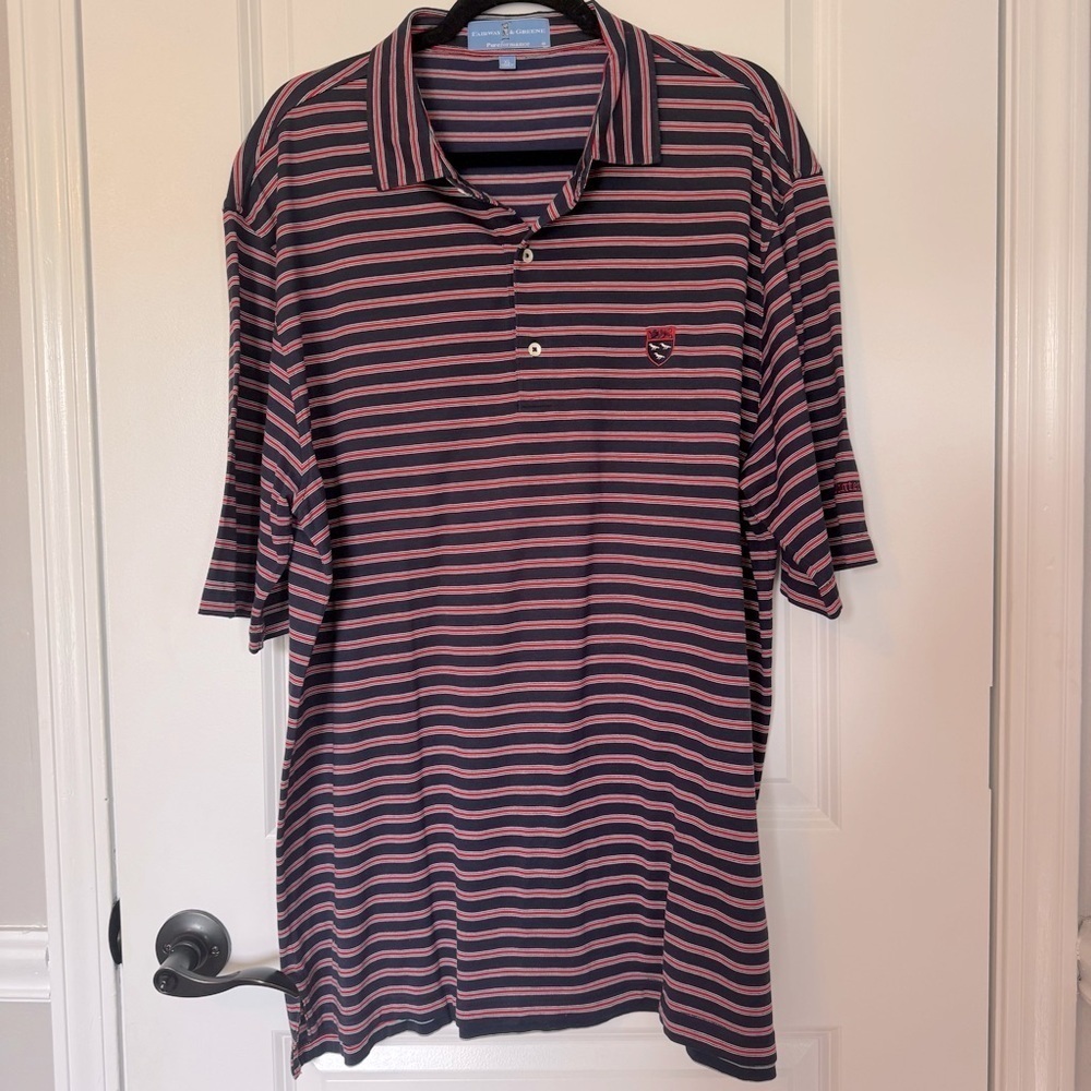 Fairway & Greene Performance Navy and Red Striped Golf XL Polo Shirt